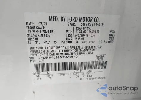2021 Ford Edge Sel z USA, uszkodzony, nr VIN 2FMPK4J99MBA10510
